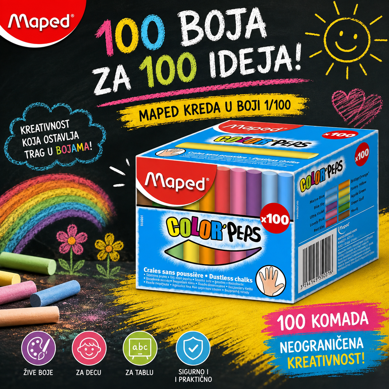 MAPED kreda u boji 1/100 – pakovanje krede u različitim bojama